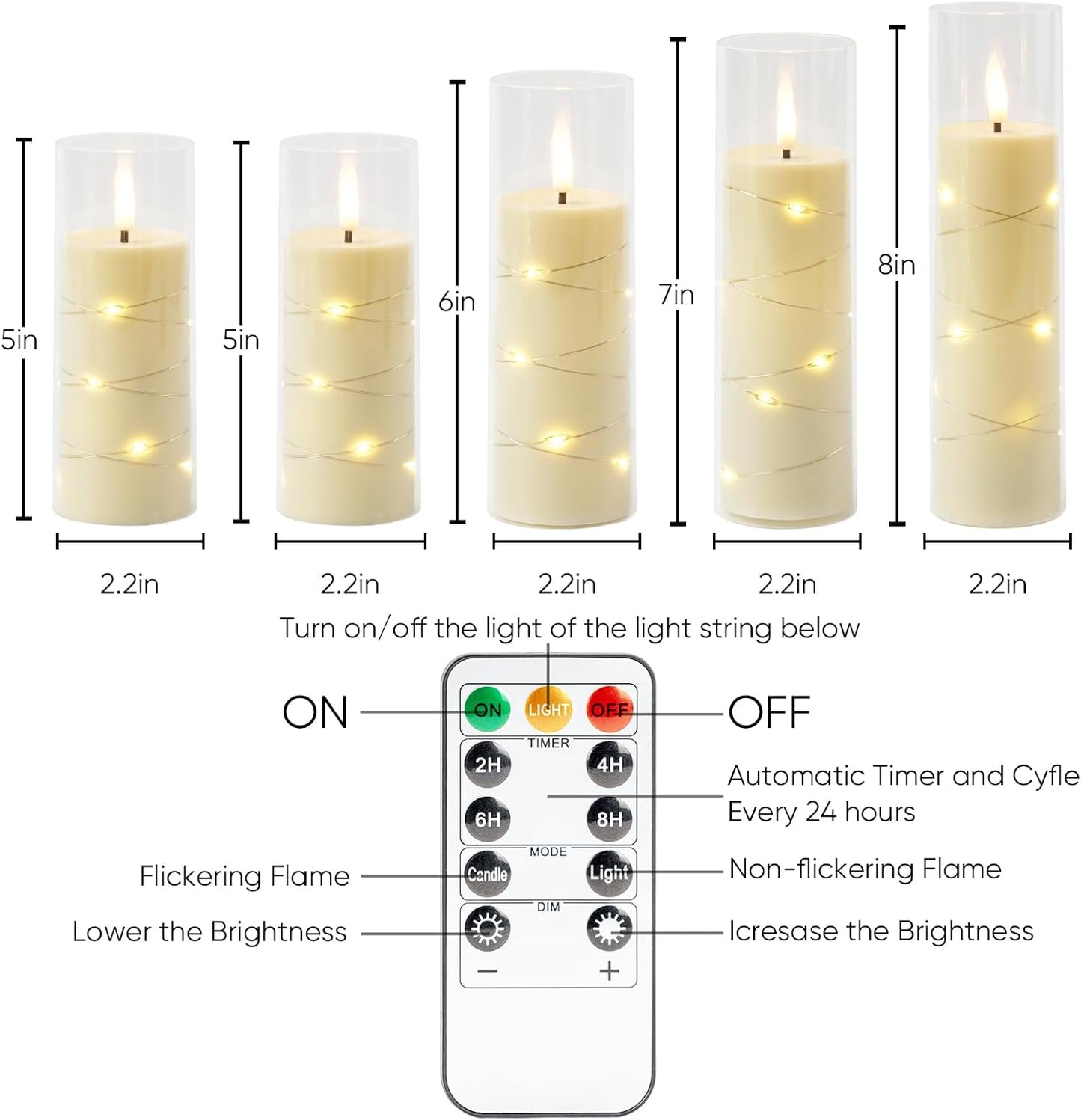 Set 5 Velas LED Marfil Control Remoto Luces Estrella Boda