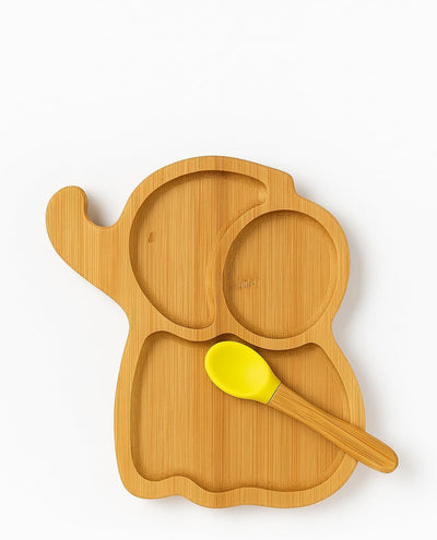 Plato bambú bebé con succión diseño elefante madera resistente