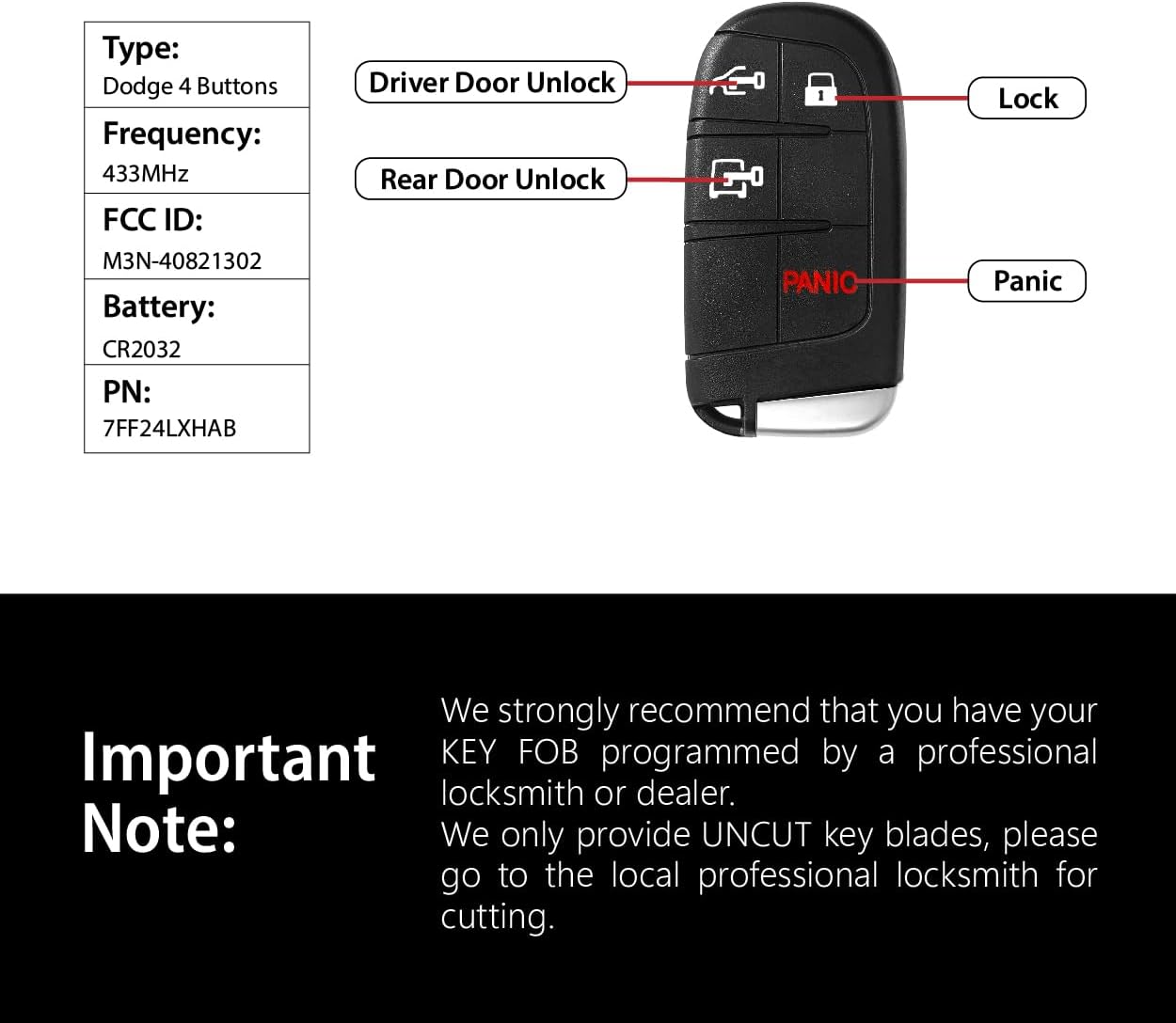 Control remoto 4 botones 433MHz para Dodge Ram Promaster