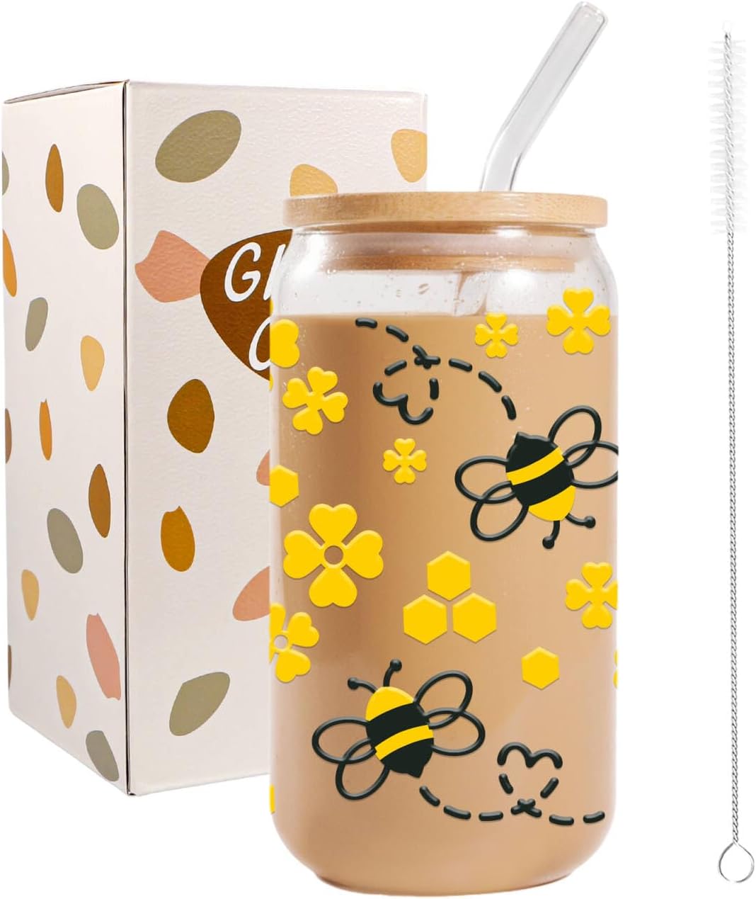 Taza Vidrio 16oz Con Tapas Pajita Regalo Abeja Mujer