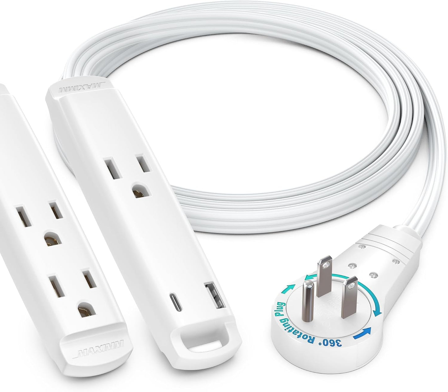 Cable extensión enchufe plano 3 USB-C y USB-A 3pies 16AWG UL blanco