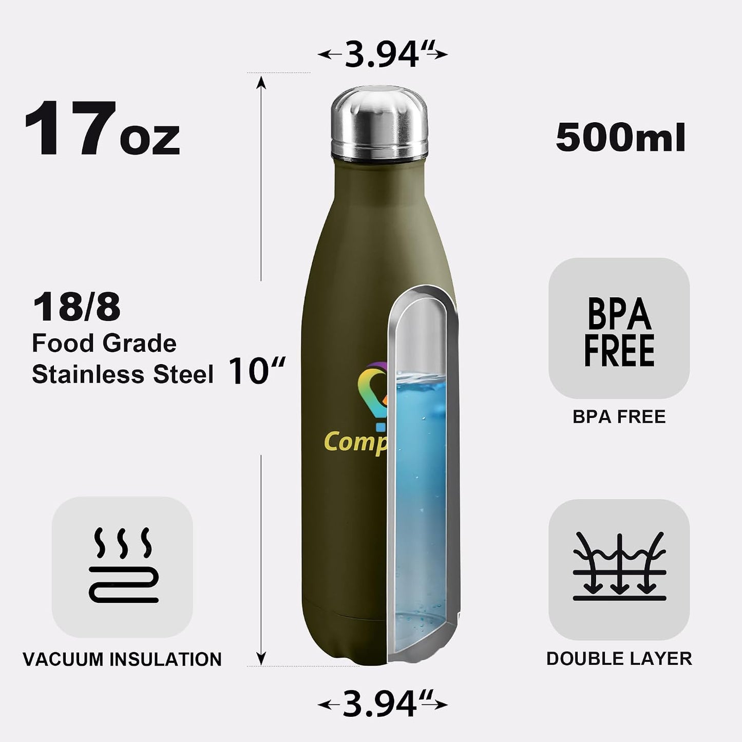 Botella agua acero inox 17oz doble pared deporte