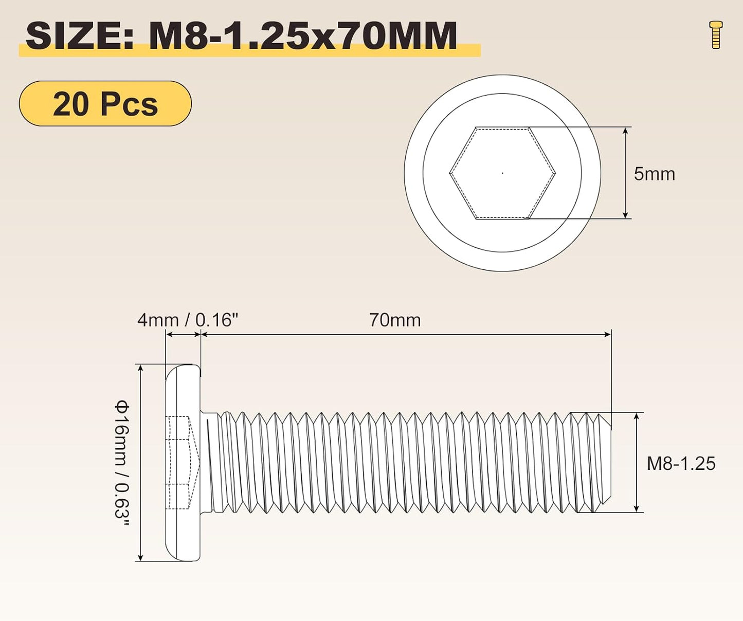 Tornillos hex M8-1.25x70 plateado 20uds