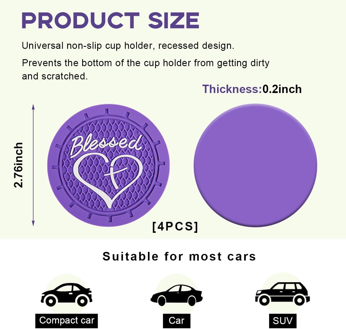 4 Posavasos PVC antideslizante para automóvil con cruz y corazón