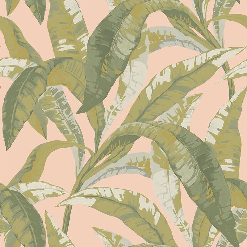 Papel tapiz tropical hoja plátano rosa 20.5x16.5ft
