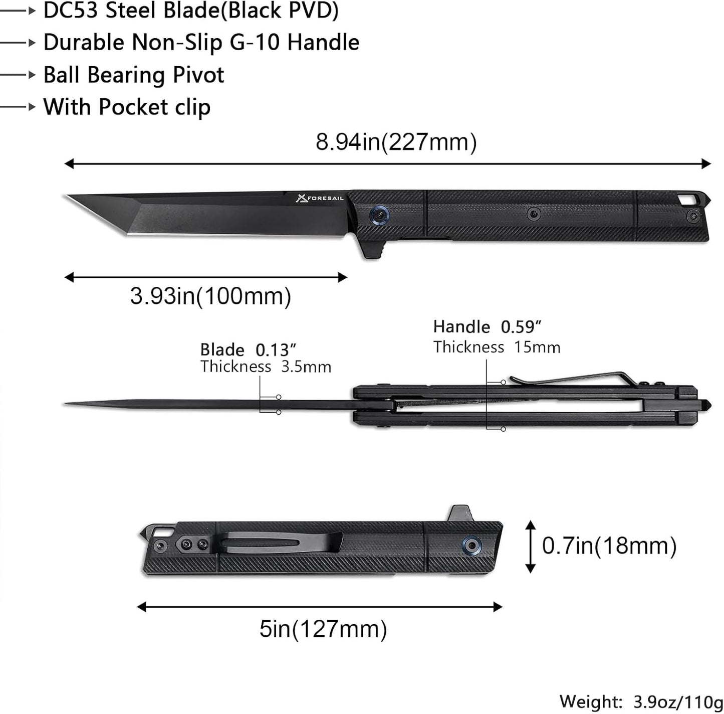 Cuchillo plegable EDC acero DC53 mango G10 con clip