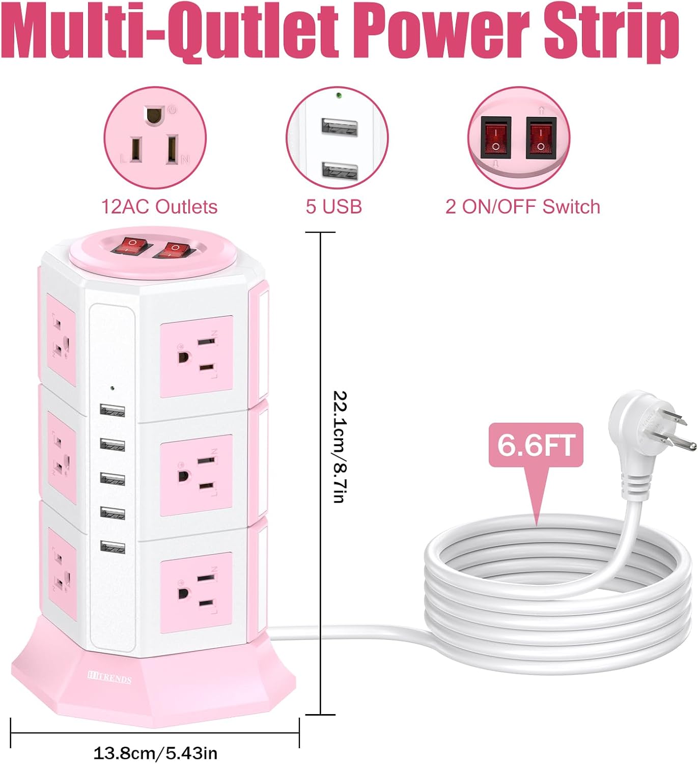 Regleta alimentación torre 12 salidas CA 5 USB 6.5pies