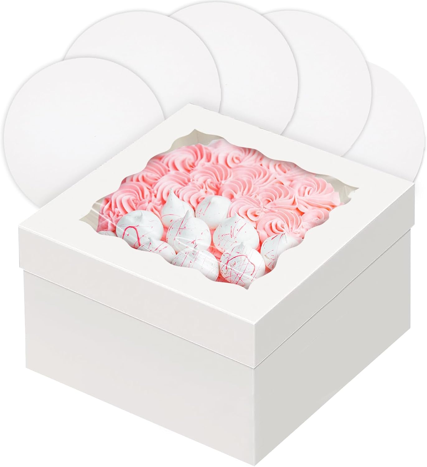 Caja pastel 12x12x8 con ventana y 4 tablas redondas