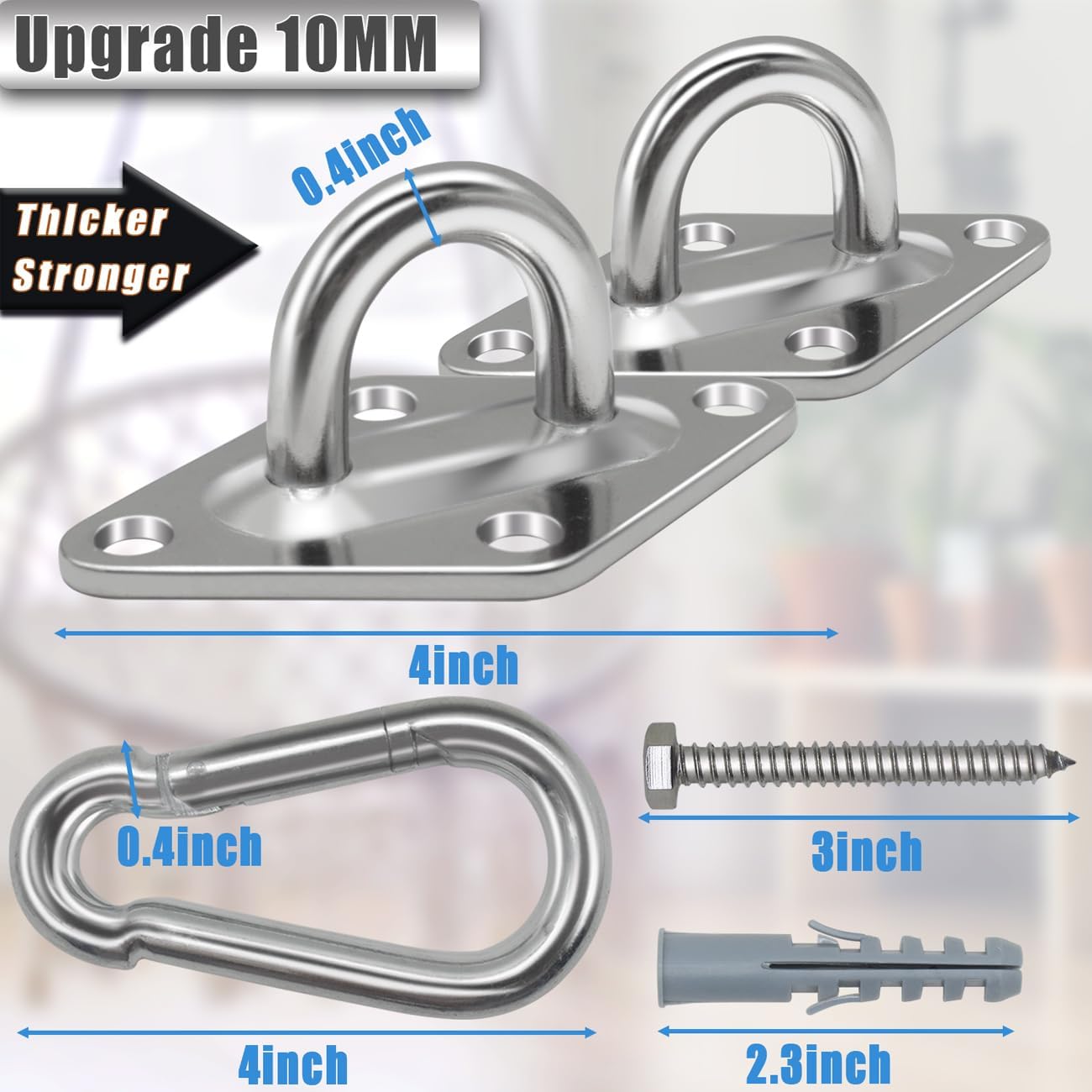 2 Ganchos Acero Inox 304 1700lb para Hamaca Pared