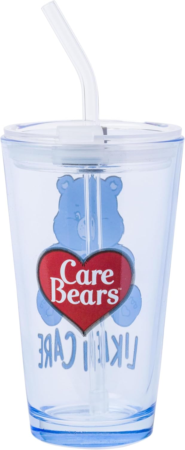 Vaso Care Bears Grumpy Bear 16oz con tapa y popote vidrio
