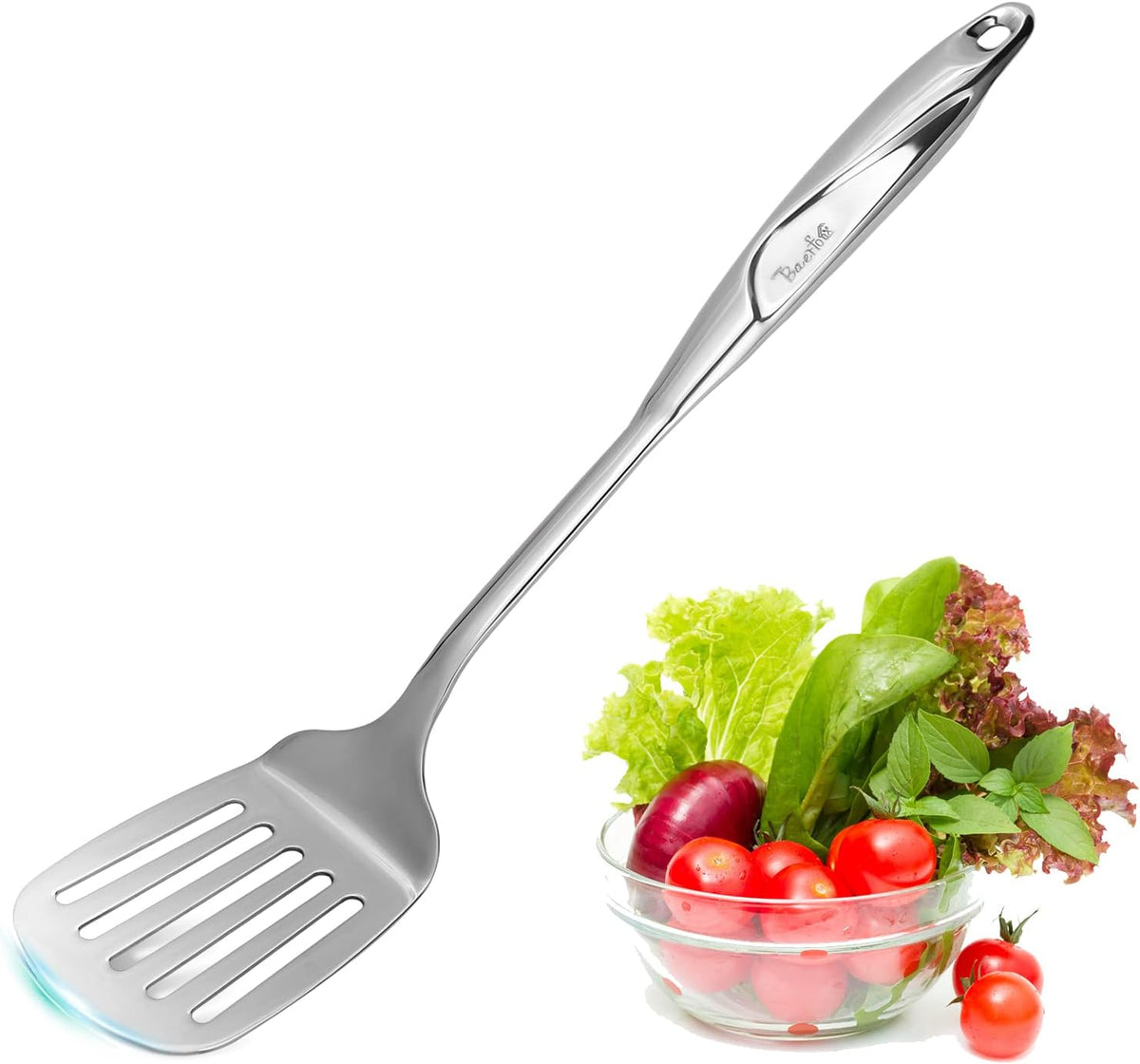 Espátula acero inox ranurada mango hueco ergonómico