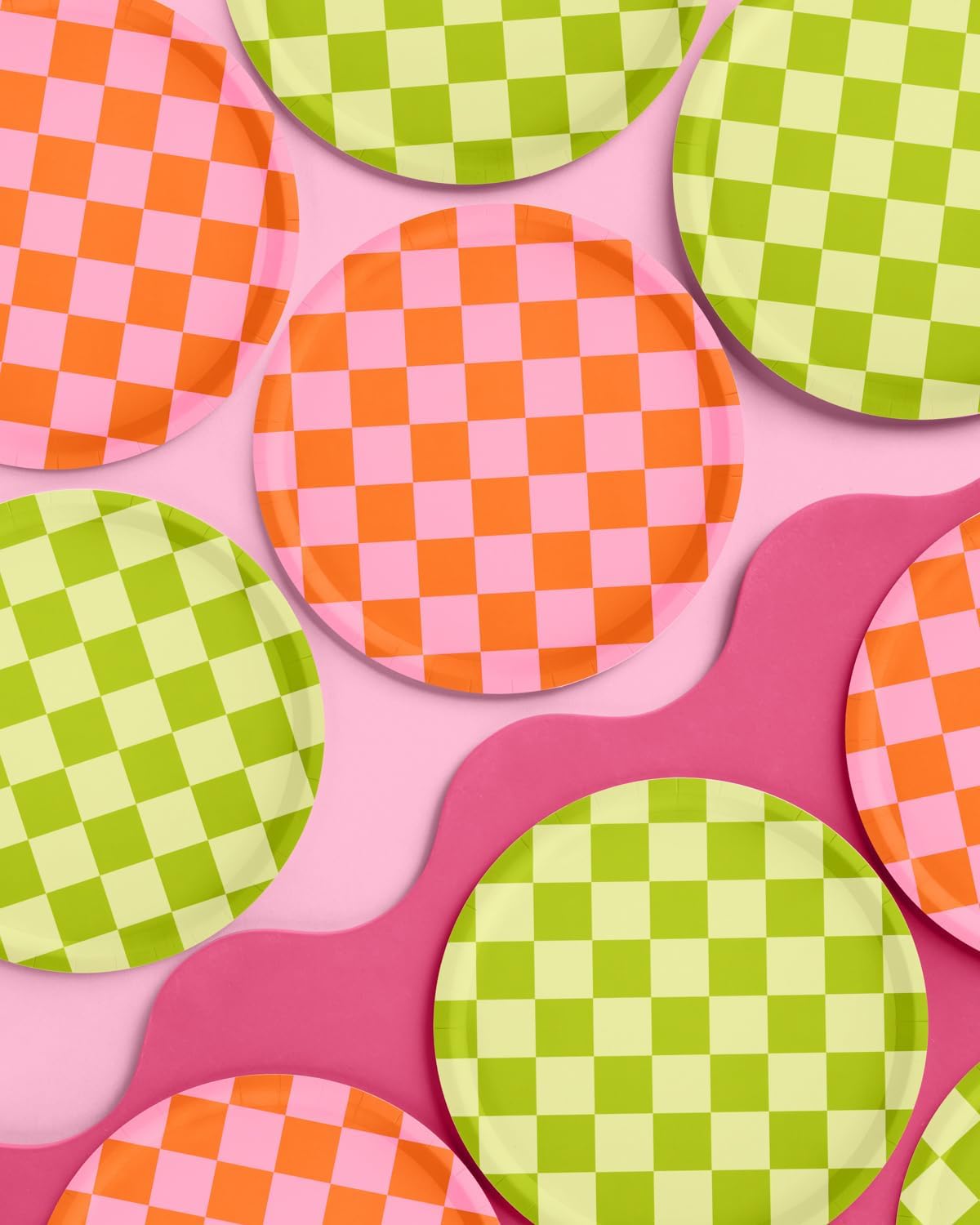 Platos papel cuadros rosa verde 9" 24uds fiesta