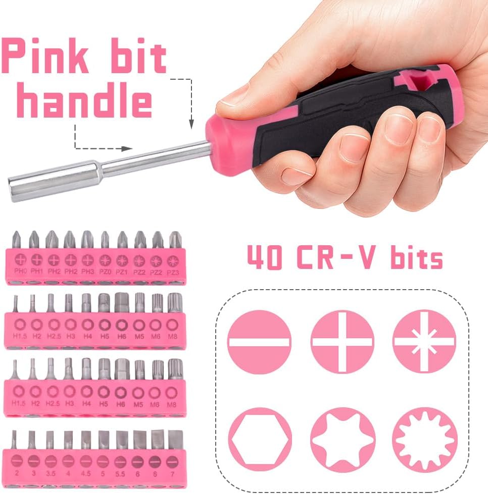 Set 63 Pzas Herramientas Rosa para Hogar y Oficina