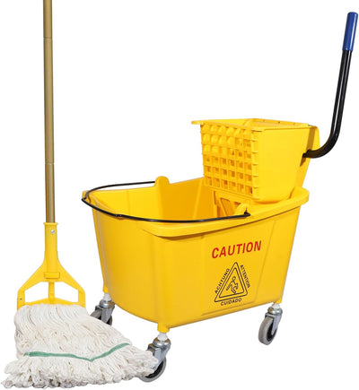 Cubo fregona comercial 35qt con escurridor prensa lateral amarillo
