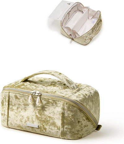 Bolsa maquillaje viaje terciopelo para mujer con divisor y asa