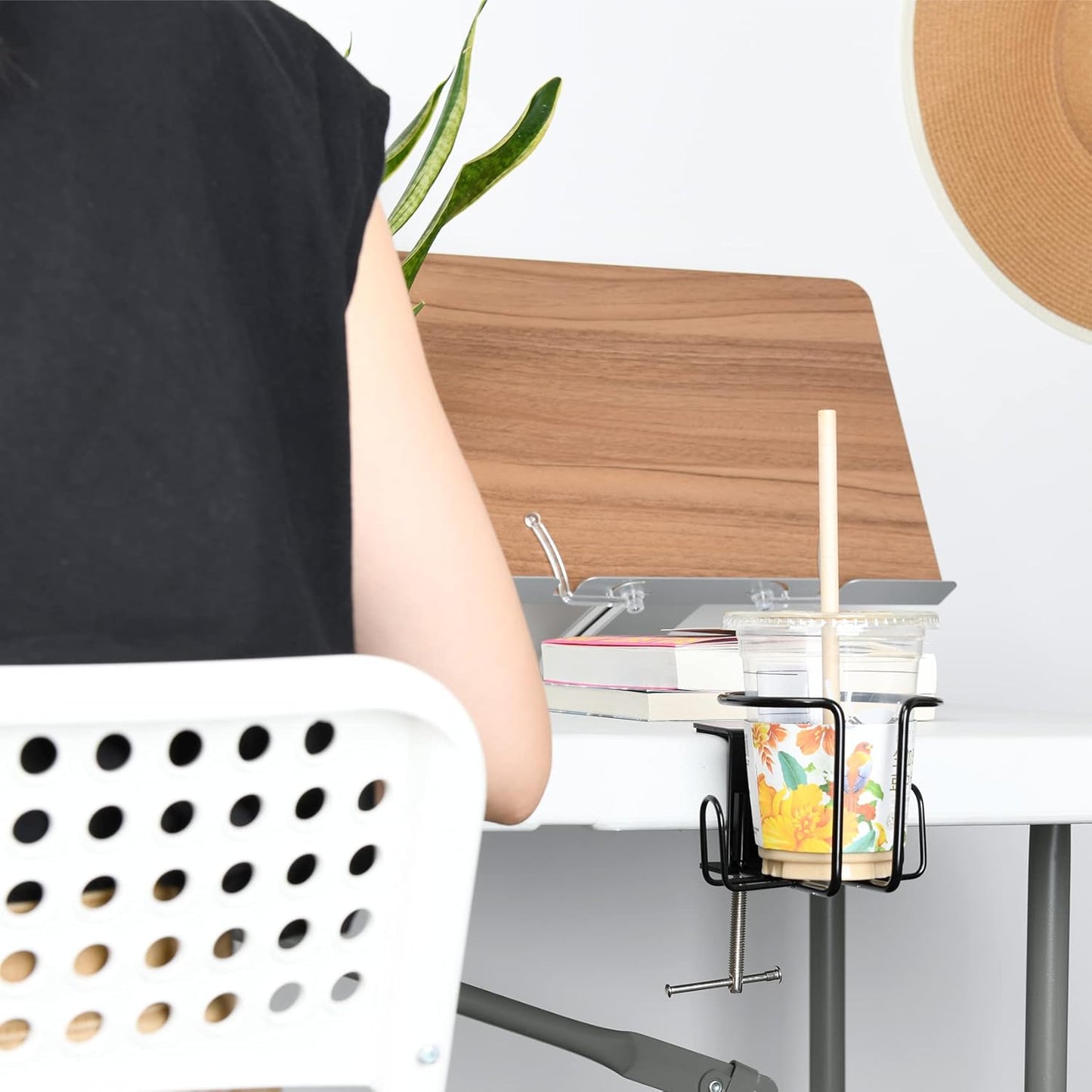 Soporte vasos escritorio con clip para mesa silla jardín negro