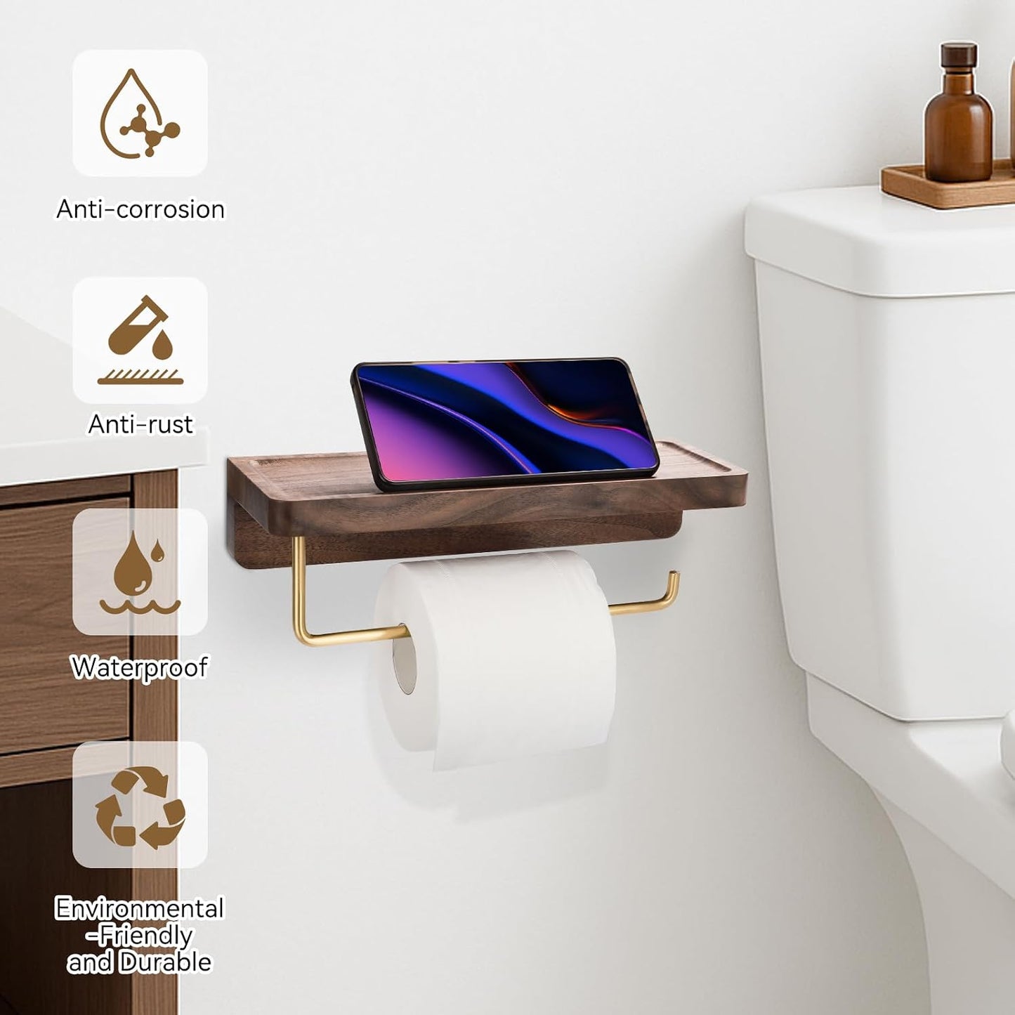 Soporte papel higiénico doble rollo madera barra dorada latón