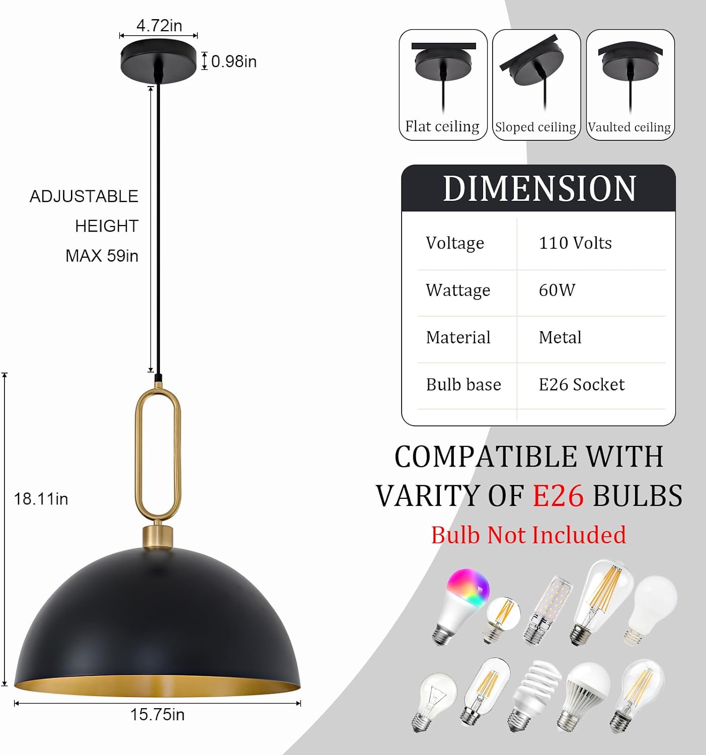 Lámpara colgante cúpula metal negro dorado comedor