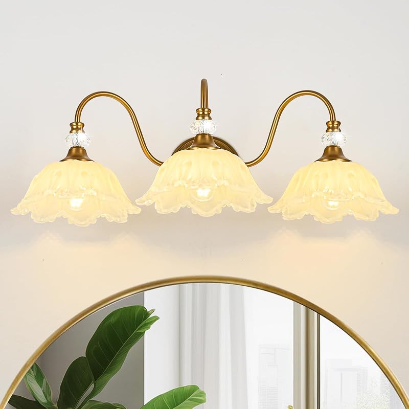 Lámpara tocador vintage 3 luces latón mate vidrio amarillo