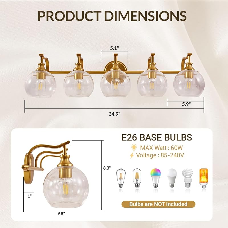 Apliques baño 35" 5 luces espejo moderno pantalla esférica