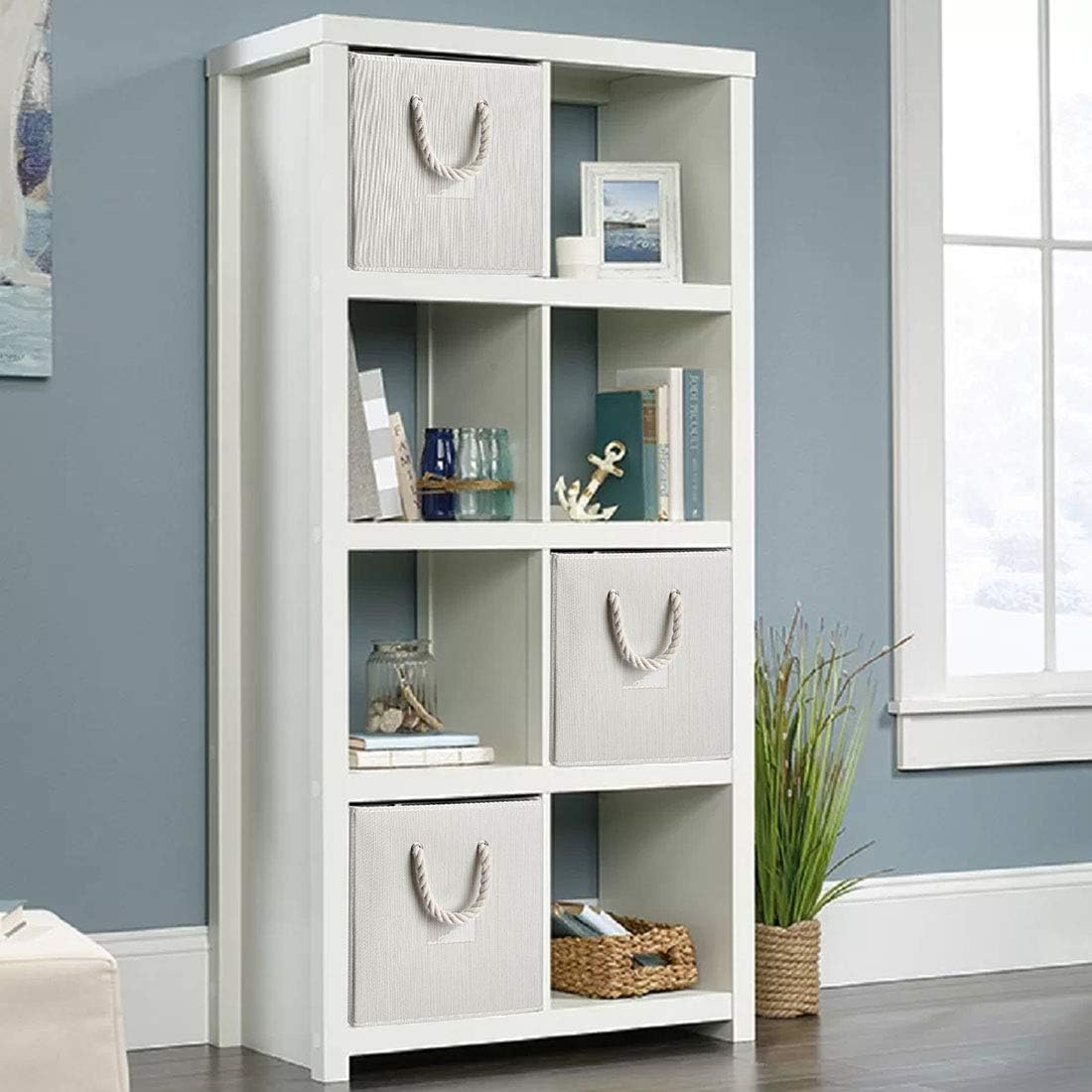 Contenedor plegable tela bambú beige 13x13" asa algodón