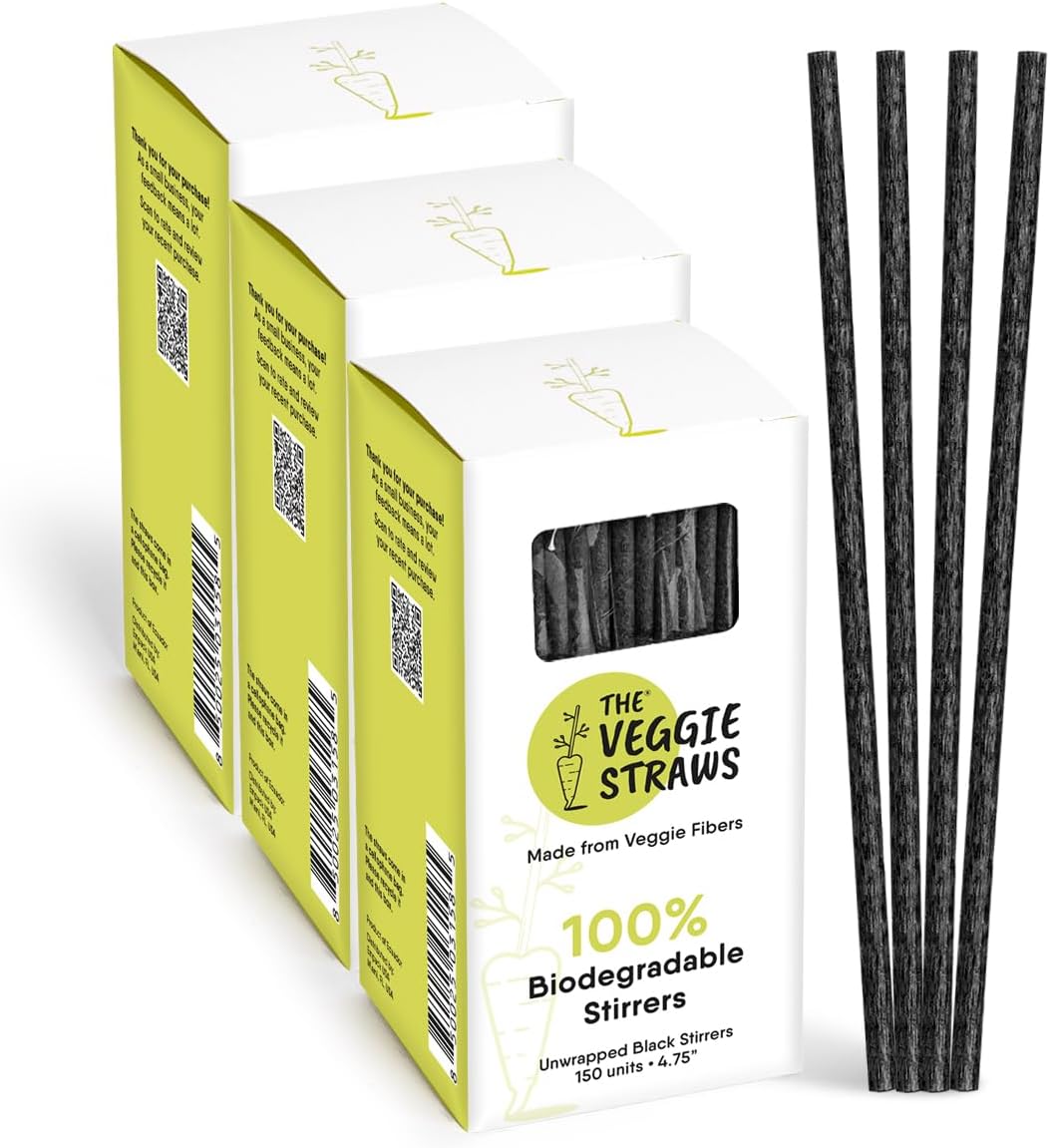 450 Agitadores Bebidas Biodegradables Negro 4.75pulg Fibra Vegetal