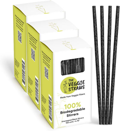 450 Agitadores Bebidas Biodegradables Negro 4.75pulg Fibra Vegetal