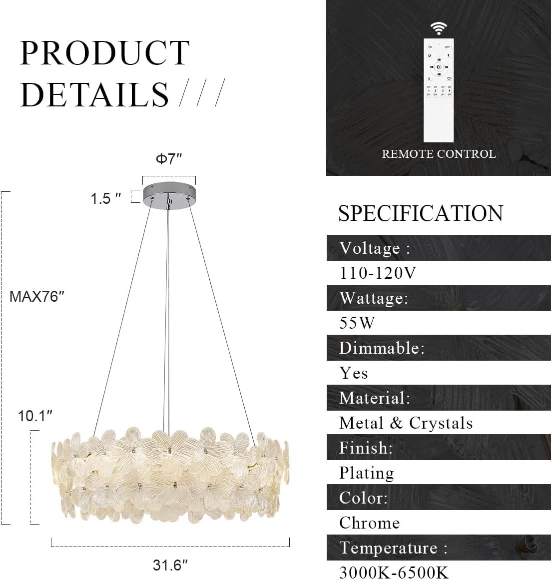 Candelabro LED 32pulg cristal cromado control remoto