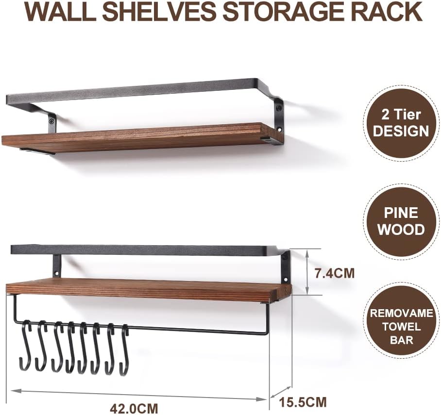 2 Pzas Estante Flotante Madera Metal Toallero 16.5x6"