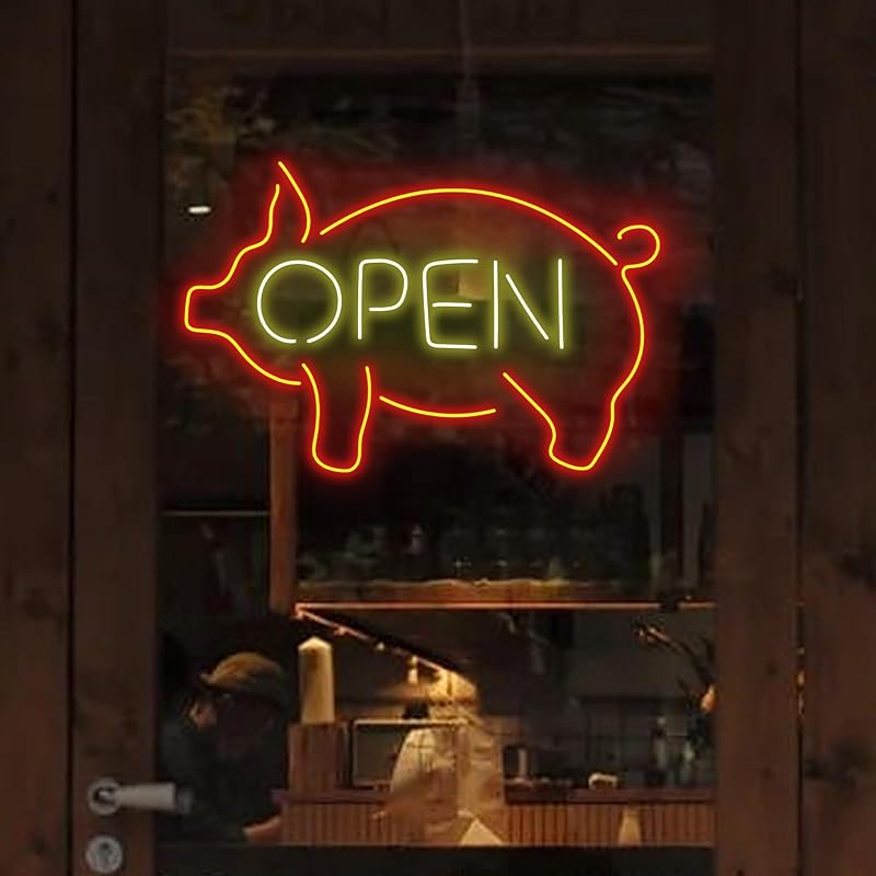 Letrero cerdo LED abierto para tienda cocina barbacoa