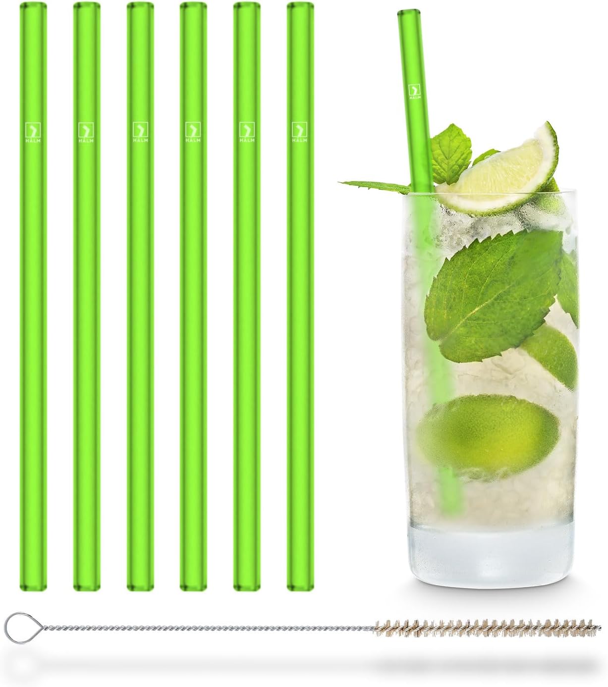 Pajitas vidrio verde neón 6pzas 8pulg reutilizables