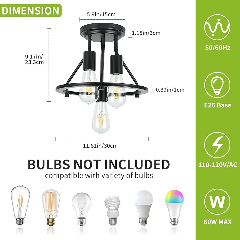 Lámpara techo semiempotrado 3 luces negra pasillo industrial