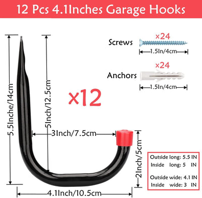 12 Ganchos J Almacenamiento Garaje 4.1" Negro Rojo