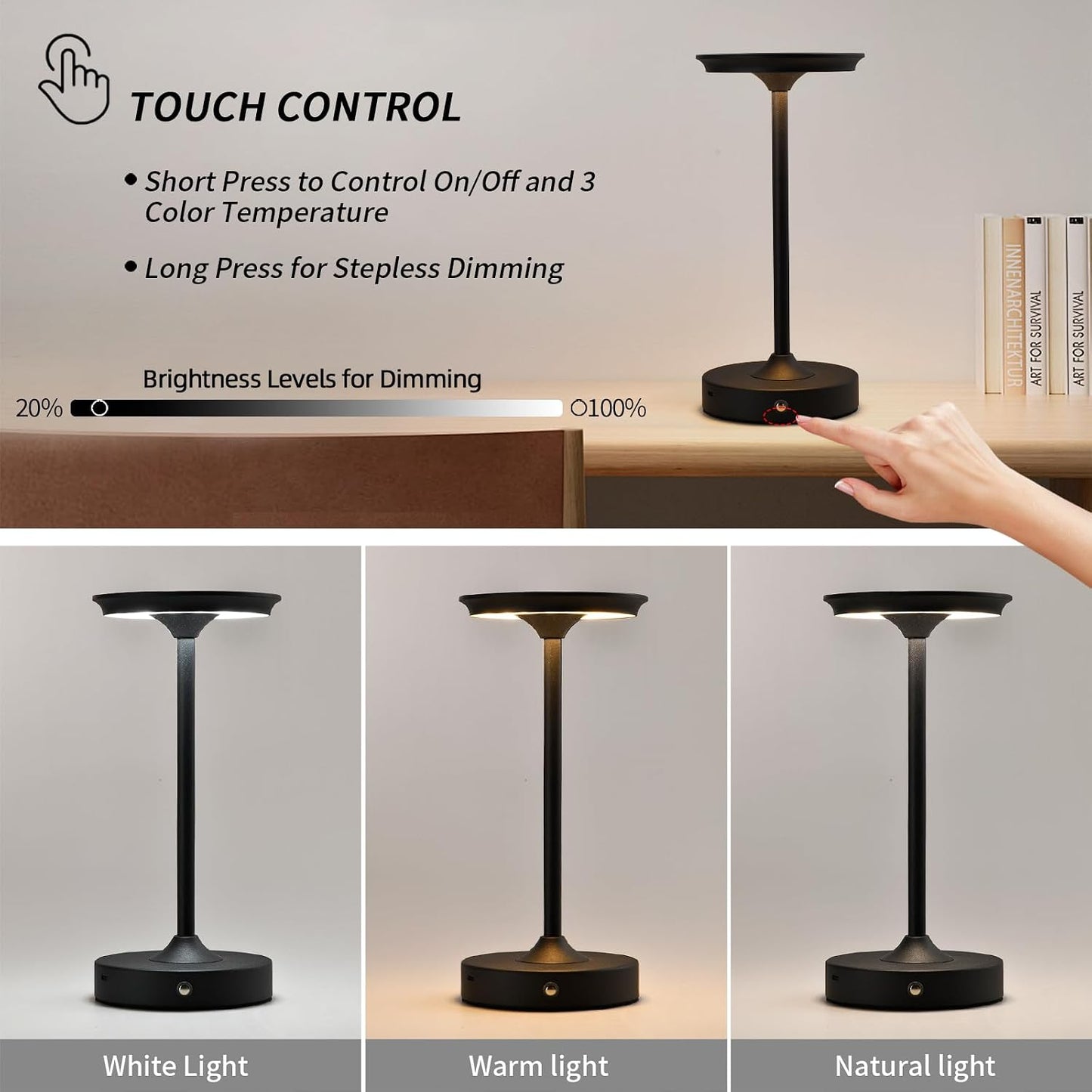 2 Lámparas Mesa Led Inalámbricas Recargables Negro