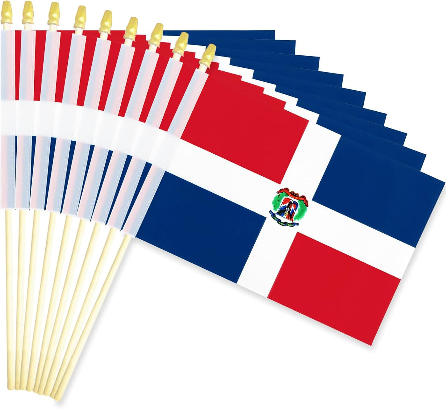 20 Banderas República Dominicana 5x8pulg Madera Lanza Dorada