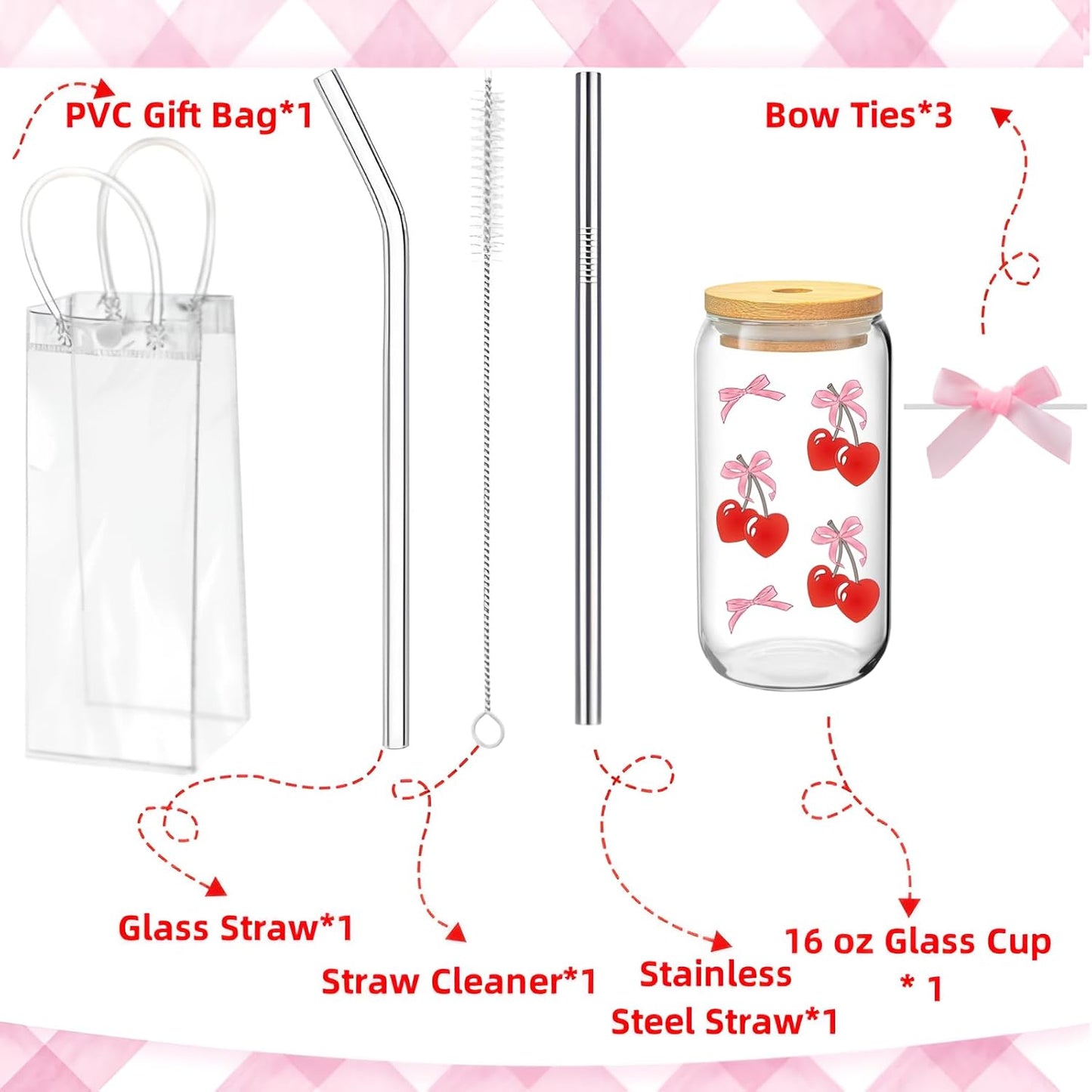 Taza vidrio 16oz con tapa pajita regalo para niñas y mamás