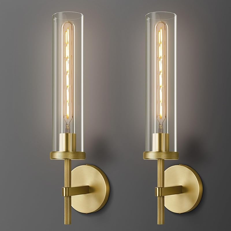 2 Apliques Pared Dorado Moderno Tubo Vidrio 19.48"