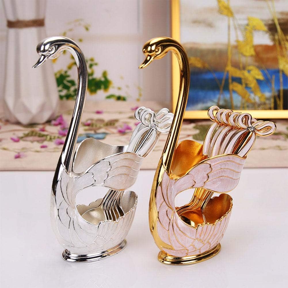 Juego crema vidrio azúcar soporte cisne 6 cucharas metal