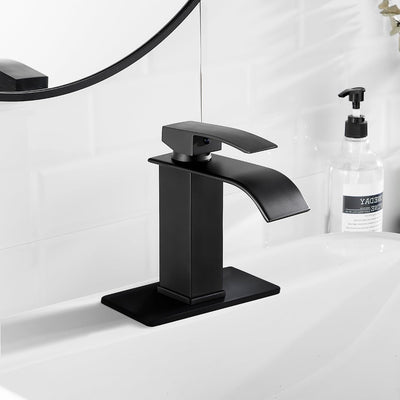 Grifo lavabo baño cascada un solo agujero negro manguera acero inox