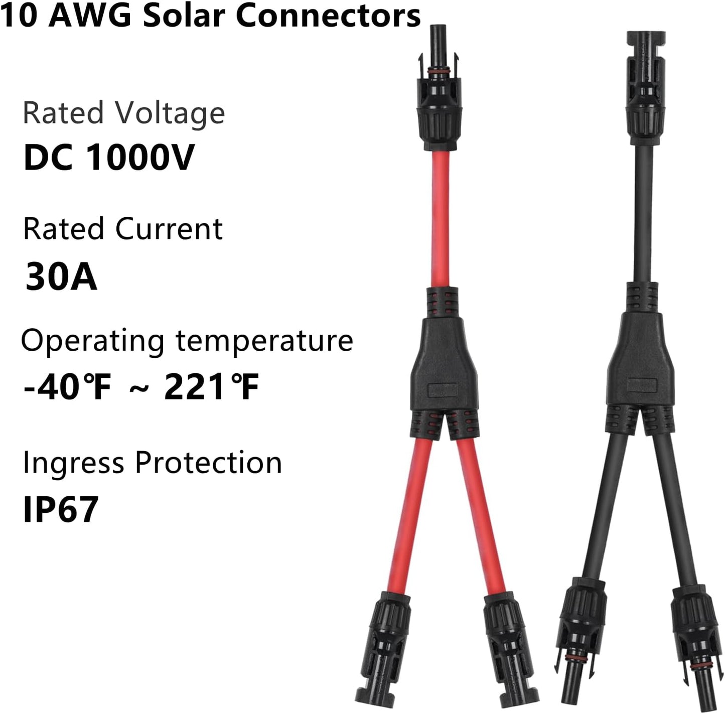 2 Pares Conectores Solares 10 AWG Rama en Y Rojo Negro