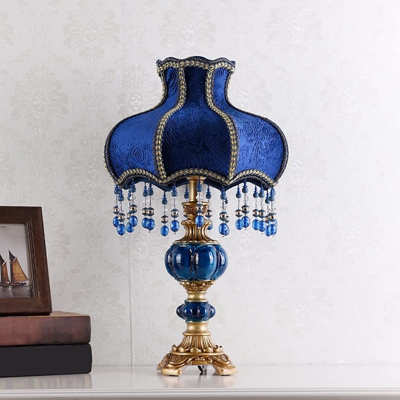 Lámpara noche vintage flecos cuentas base resina azul