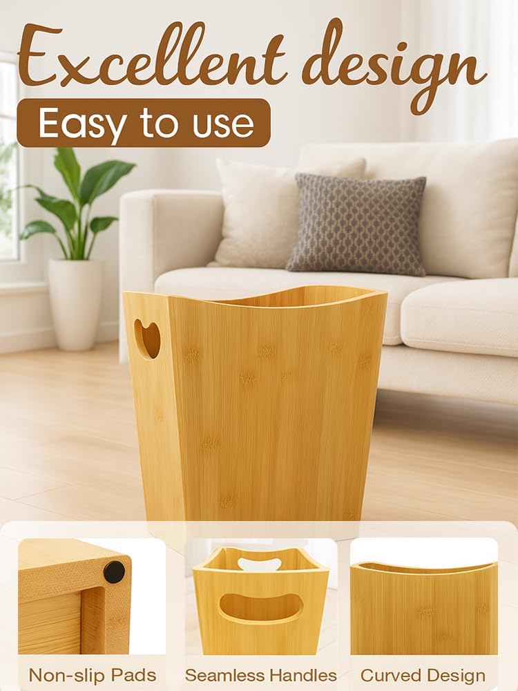Basurero madera bambú 2gal con asas para baño oficina