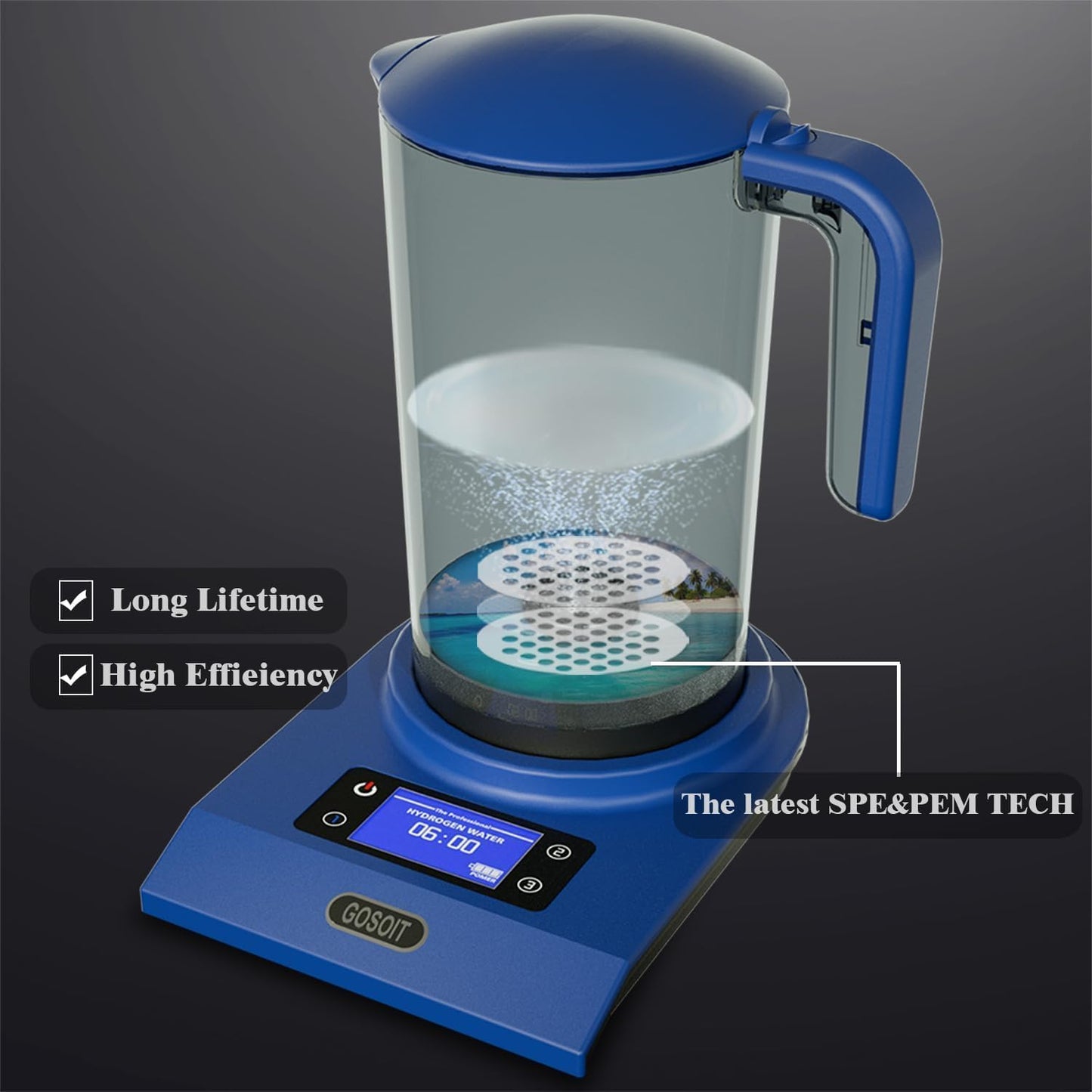 Jarra Hidrógeno Alcalino con Tecnología SPE y PEM Azul