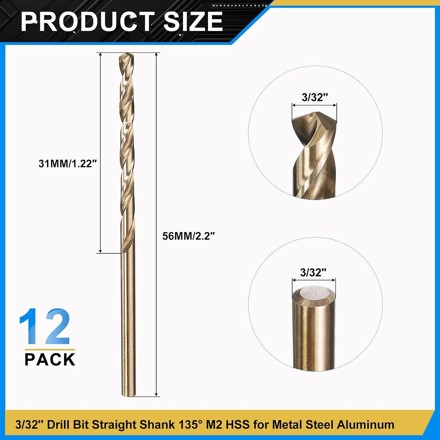 Broca M2 acero inox 3/32pulg 135° dorado pack 12