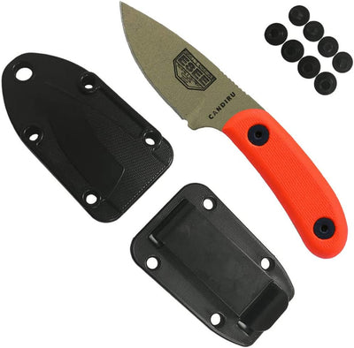 Cuchillo hoja fija mango naranja G10 hoja oscura funda negra