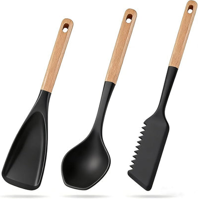 3 Pzas Espátulas Silicona Cuchara Multifunción Mango Madera