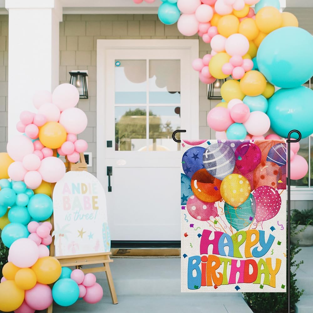 Banderas cumpleaños jardín 12x18pulg arpillera doble cara globo