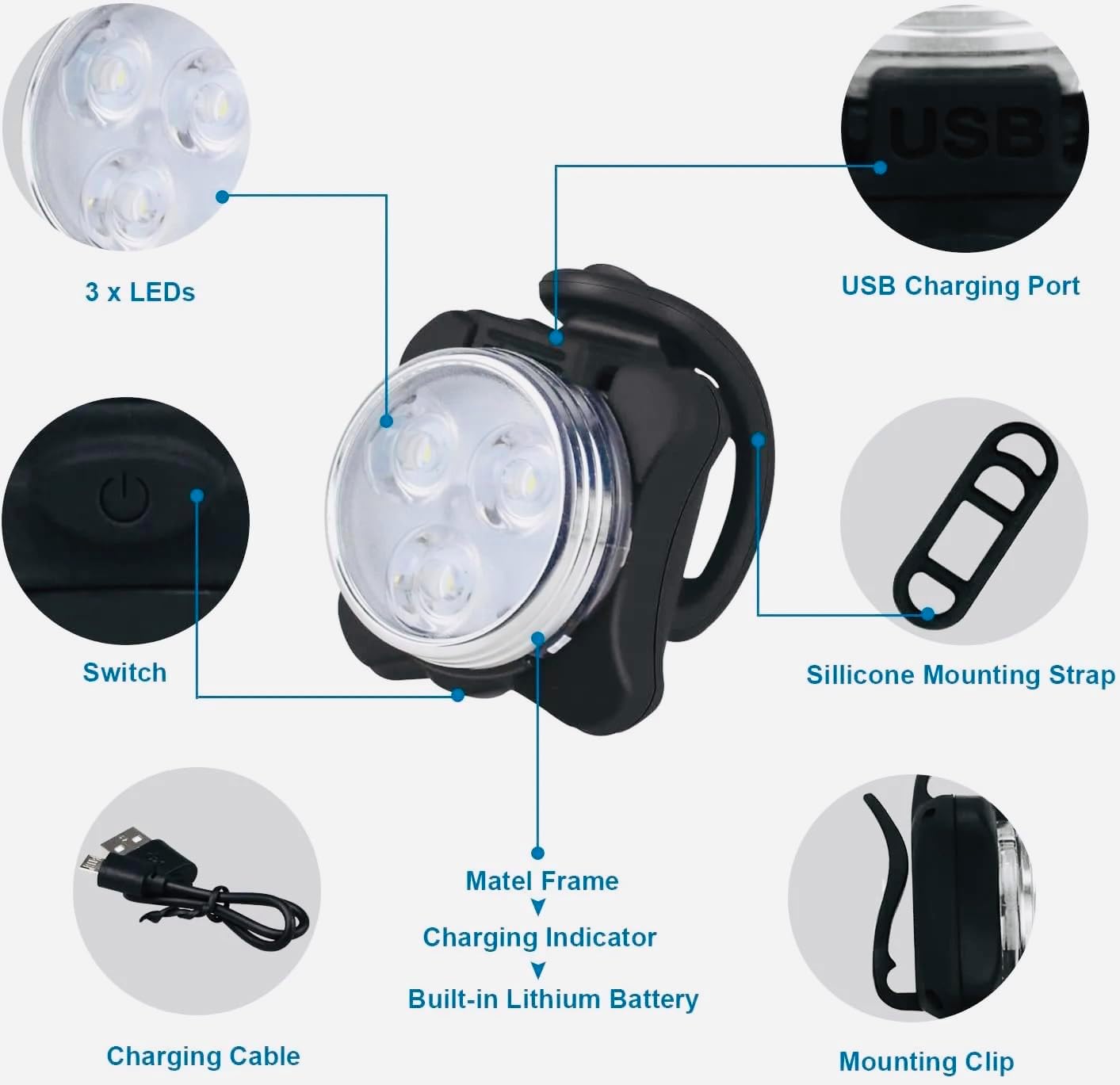 Juego luces bicicleta USB LED impermeable 4 modos