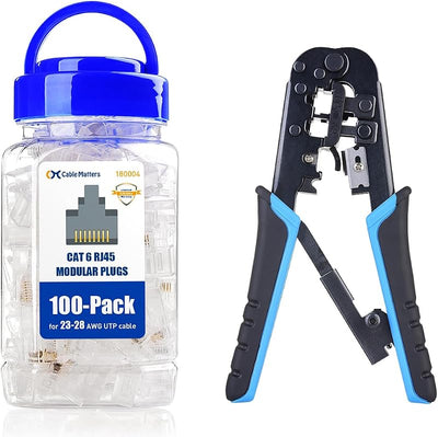 Pack 100 enchufes RJ45 UTP y crimpadora Ethernet