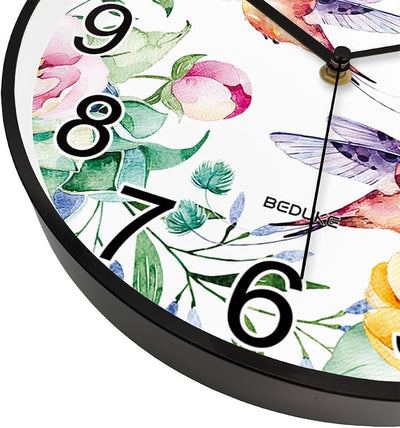 Reloj pared silencioso cuarzo 11pulg flor colibrí decorativo